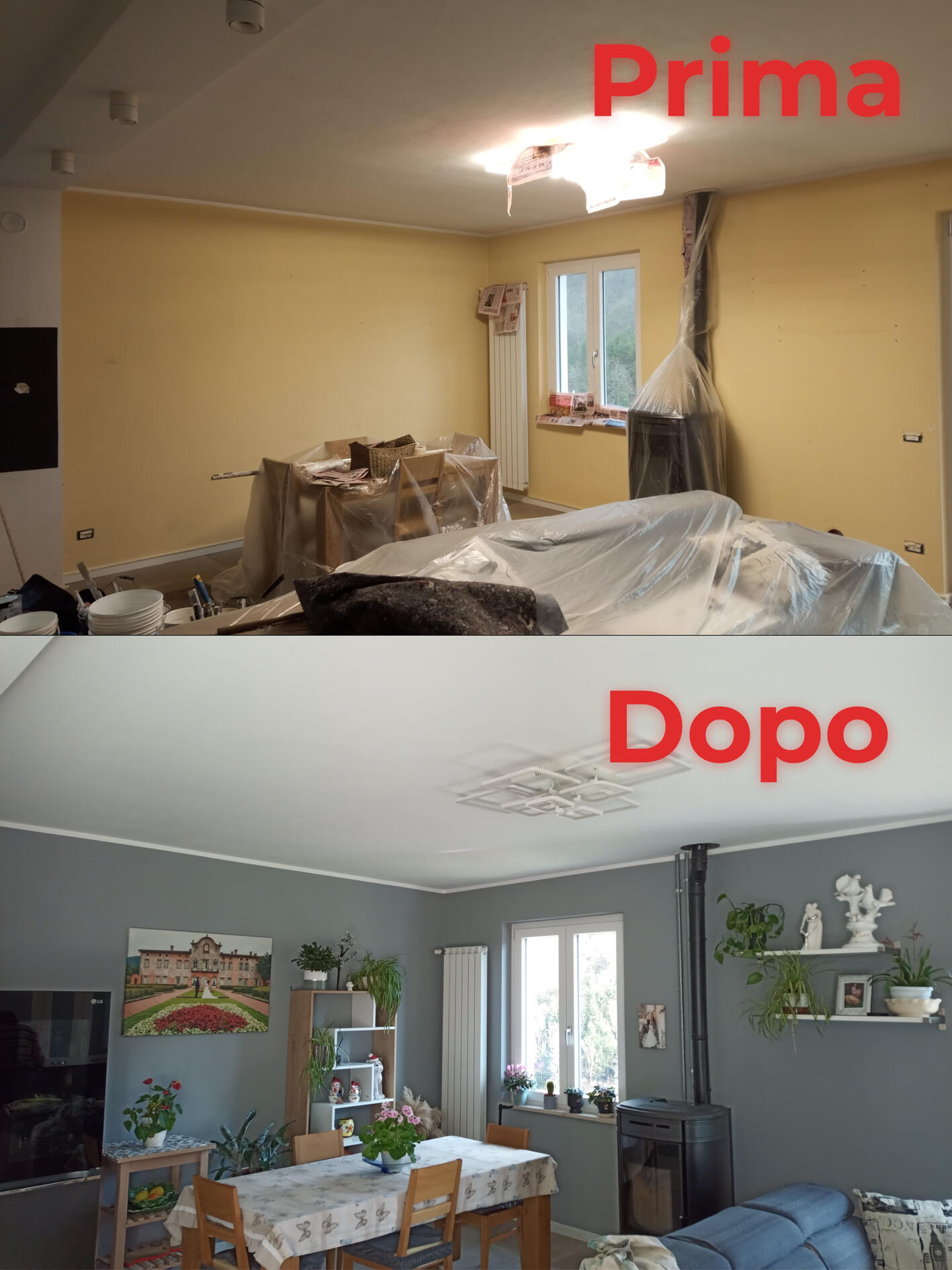 Tinteggiatura muro grigio Imbianchino Bergamo prima e dopo muro sala con lavabile grigio perla moderno